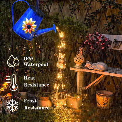 Blue Solar Watering Can with Light,Solar Powered Waterfall Lights 1 Pack 60 LED(Includes Shepherd Hook) for Garden,Yard, Path, Christmas Holiday Decoration