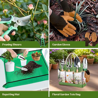 Garden Tools 9-Piece Heavy Duty Gardening Hand Tools with Floral Organizer Tote Bag, Rust-Proof Garden Tool Set, Thickened Repotting Mat, Gardening Gifts for Women Mom, Green