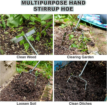 Berry&Bird Mini Hula Hoe for Weeding 17.3''Stirrup Hoe Stainless Steel Weed Puller Tool Gardening Action Scuffle Loop Hoes Garden Tools with Wooden Hand Weeder Cultivator Cutting Roots Loosening Soil