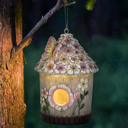 Hanging Bird House for Outdoor with Solar Light, Nesting Box Garden Resin Decor, Pet Cottage Birdhouse with Pole Decoration for Small Hummingbird Blue Bird Sparrow Chickadee