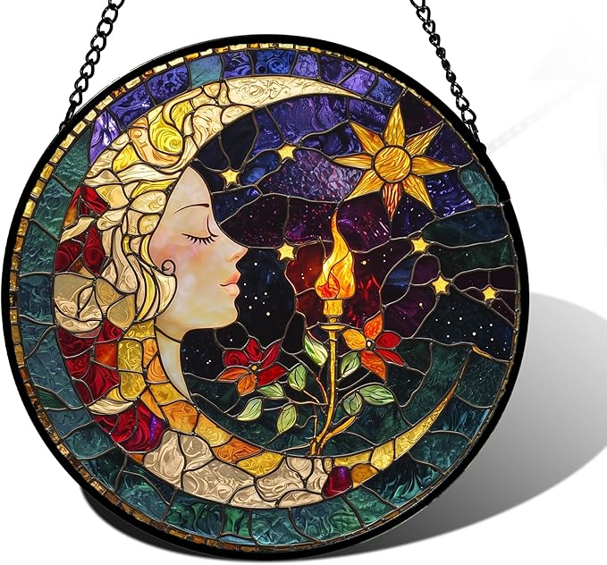 Stained Glass Window Hanging, Moon Goddess Torch Suncatcher Diamond Glass Panel Hangings Dream Sun Catchers Decor for Birthday for Women, Men, Wife, Aunt, and Mom 9.8 in