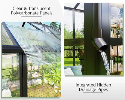 Jocisland 14x9.5x9 FT Outdoor Aluminum Greenhouse with Quick Connect Fittings, 6 FT Height Double Doors with Hook, Hybrid Polycarbonate Walk-in Greenhouse for Backyard, Black