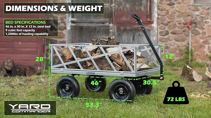 Yard Commander - Heavy Duty 1200lb Steel All Terrain Utility Cart, Garden Wagon, 9 cu ft Bed, Easy Assembly, Removable Side Panels, 45° Dump Angle, 2-in-1 Convertible Handle for Towing