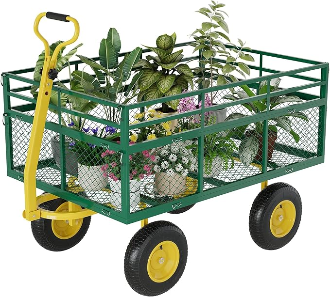 Metal Wagon - 1400lbs Garden Cart with 10" Multi-Terrain Tires, 4 Removable Mesh Sides & 180° Swivel Handle, Yard Wagon Cart for Lawn, Yard, Patio Gardening