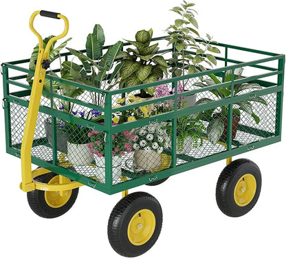Metal Wagon - 1400lbs Garden Cart with 10" Multi-Terrain Tires, 4 Removable Mesh Sides & 180° Swivel Handle, Yard Wagon Cart for Lawn, Yard, Patio Gardening