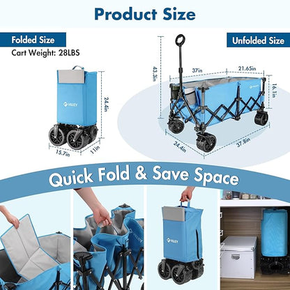 VILLEY Extended Collapsible Foldable Wagon with 330LBS Weight Capacity, 220L Heavy Duty Folding Utility Garden Cart with Big All-Terrain Beach Wheels with Brake & Drink Holders, Blue