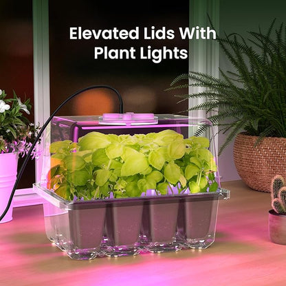 MIXC Seed Starter Kit with Grow Light, Elevated Seedling Tray Kit with Adjustable Humidity Dome and Clear Cell Tray, 12 Full Spectrum Led Beads for Seed Starting Greenhouse, 4 Pack, Transparent