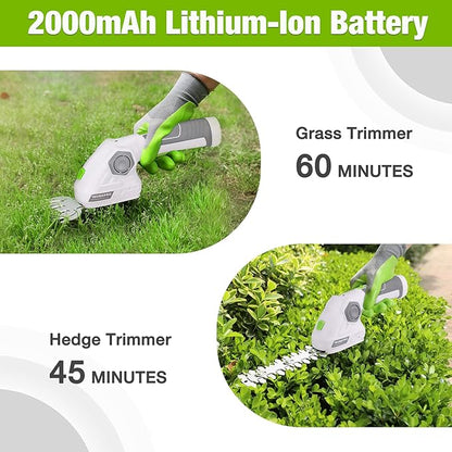 WORKPRO Cordless Grass Shear & Shrubbery Trimmer - 2 in 1 Handheld Hedge Trimmer 7.2V Electric Grass Trimmer Hedge Shears/Grass Cutter 2.0Ah Rechargeable Lithium-Ion Battery and USB Cable Included