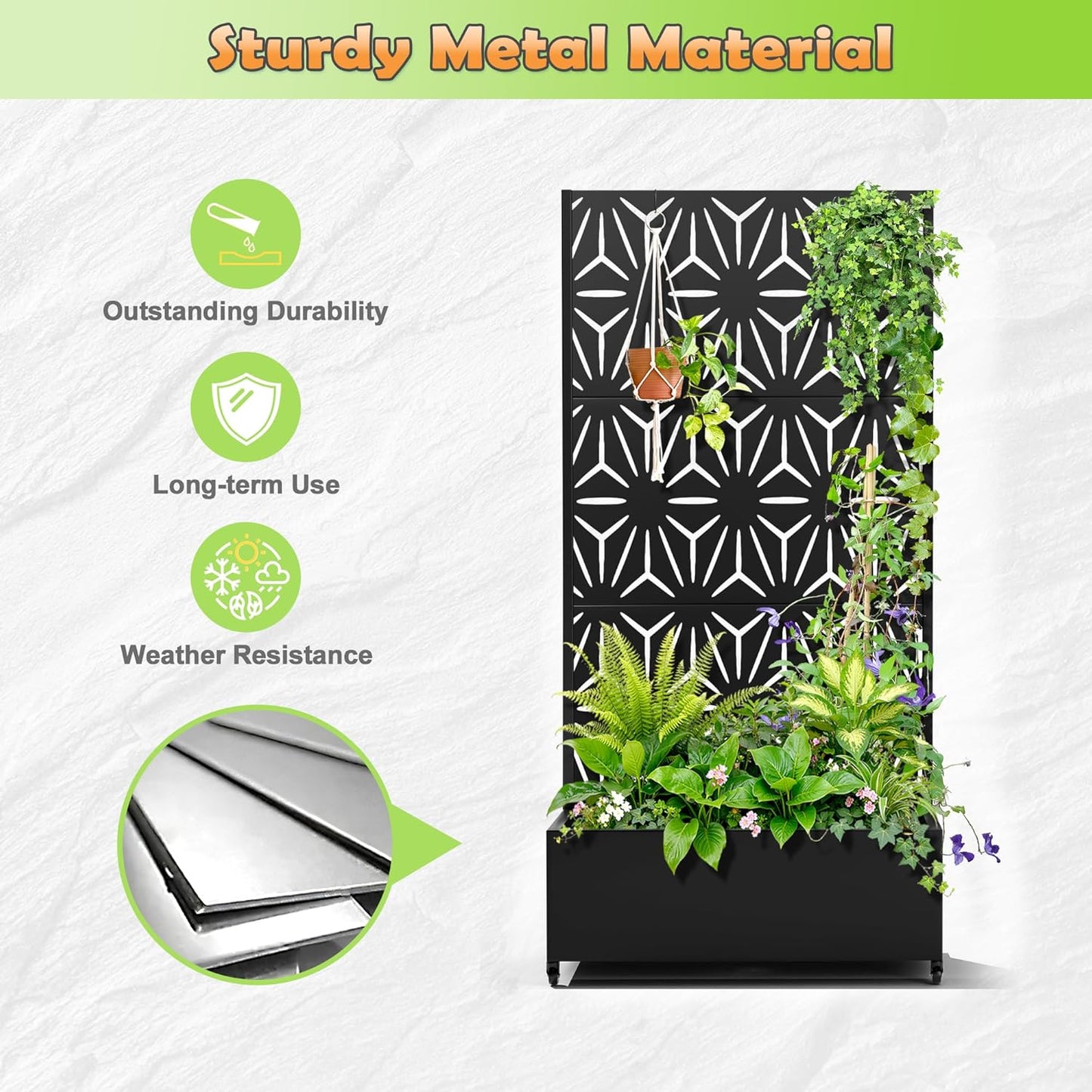 Metal Raised Garden Bed with Trellis, 2-in-1 Planter Box & Privacy Screen for Climbing Plants, Outdoor Standing Flower Bed with Drainage Holes, 35.4" L x 15.7" W x 70.1" H, Black-Star