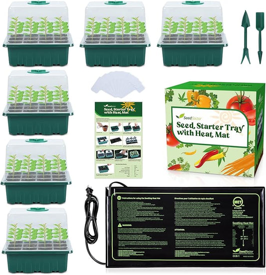 Seedfactor 7-Pack Seed Starter Tray with Heat Mat (12 Cells per Tray), Plant Germination Trays with Adjustable Humidity Dome Seed Trays Seedling Starter with Base Trays for Germination