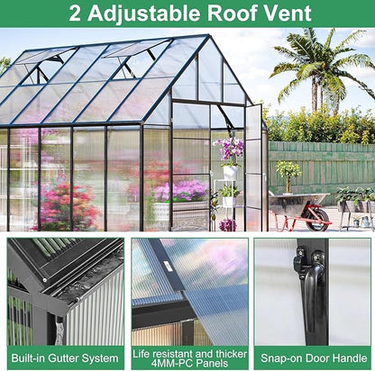 CDCASA 12.4x10.2x10 FT Greenhouse for Outdoors,Easy Assembly Large Polycarbonate Greenhouse Aluminum Heavy Duty Greenhouses w/2 Vents, Swing Door, Walk-in Green House for Patio, Backyard, Garden