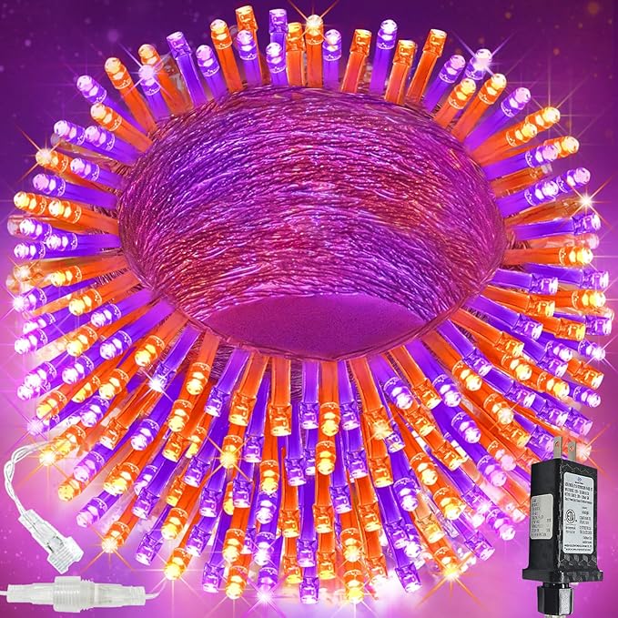 Upgraded Connectable 200 LED Halloween String Lights Outdoor Indoor, 66FT Orange and Purple Halloween Lights 13 Modes, Waterproof Twinkle Fairy Lights Plug in Clear Wire for Tree, Bedroom Decoration