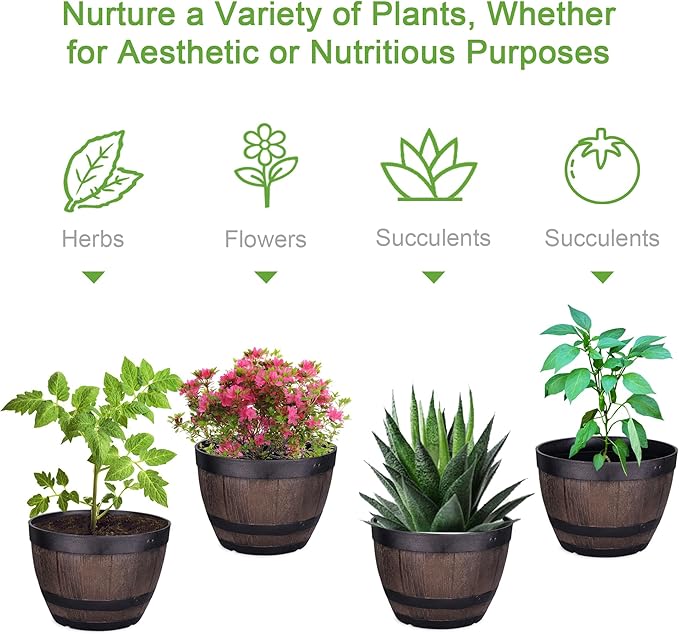 VECELO Plant Pots with Drainage Holes & Saucer, 11.3 Inch Flower Pots with Tray, 4 Pack Plastic Whiskey Barrel Planters for Indoor & Outdoor Garden Home Plants and Flowers