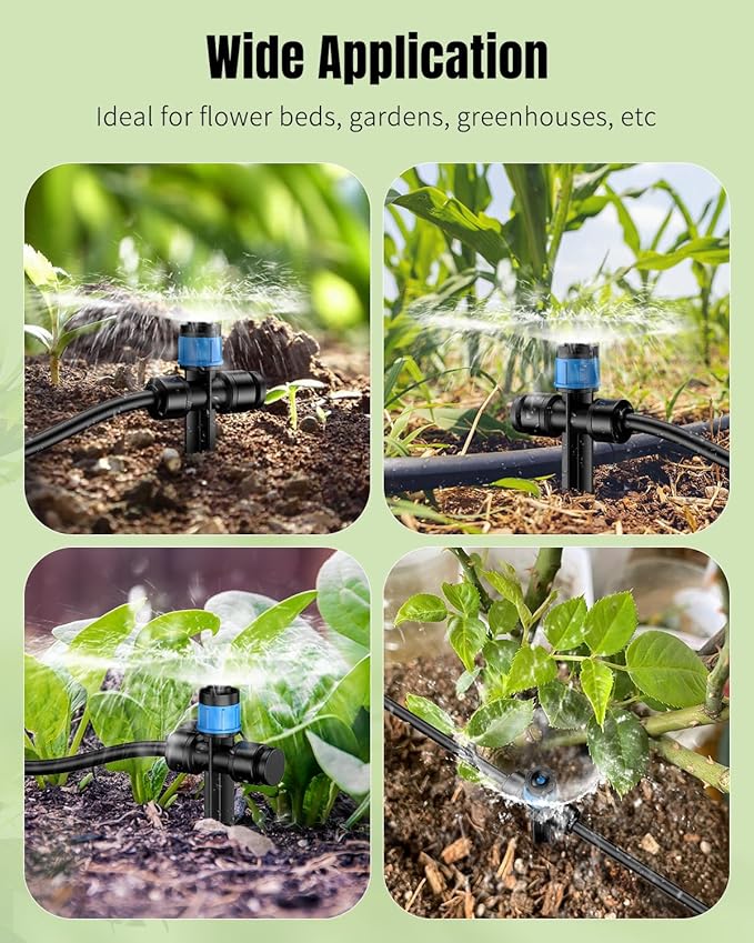 Pawfly 60 Pcs Push-to-Fit Drip Irrigation Emitters for 1/4 Inch Tubing with Stake & End Plugs, Two-Way Connection Irrigation Drippers, Drip Emitters Sprayers with Adjustable 360 Degree Water Flow