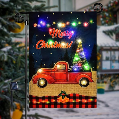 Merry Christmas Lighted Garden Flag, LED Red Truck Flag, Vertical Christmas Flag for Outdoor Yard Garden Lawn Decoration