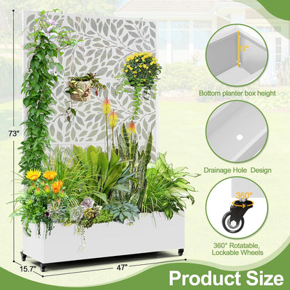 Raised Garden Bed with Trellis and Wheels,73"x47"x16" Metal Raised Garden Bed,White Flowing Leaf-2 Metal Planter with Climbing Trellis for Vines & Vegetables