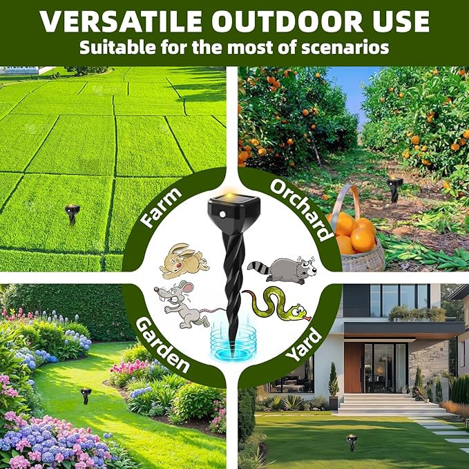2025 Upgraded Mole & Snake & Skunk & Rabbit Repellent Solar Powered, Ultrasonic Deterrent, IP65 Waterproof, Effective Get Rid of Gopher Raccoon Vole Groundhog Chipmunk for Yard Lawn Garden, 4-Pack
