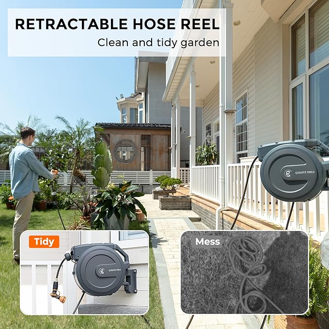 Giraffe Tools AW30 1/2MB Retractable Garden Hose Reel 1/2" x 100 ft PRO Metal Bracket, Heavy Duty, Any Length Lock Hose Reel, 100 ft, Dark Grey