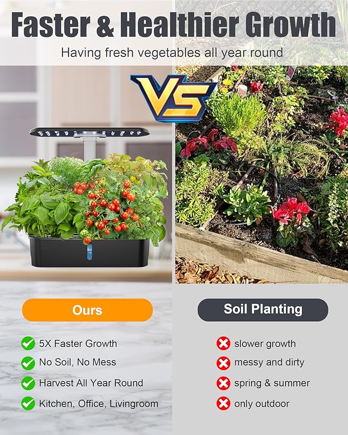 Hydroponics Growing System Kit 12 Pods Indoor Garden, Hydroponic Indoor Herb Garden Kit with Grow Light, Smart in Door Gardening, Adjustable Height, Auto Timer, Quiet Pump, Gift for Mom Women, Black
