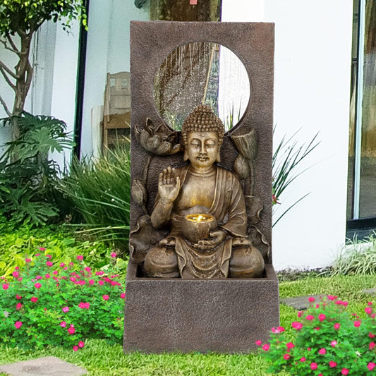 Ferrisland Buddha Waterfall Fountain Indoor & Outdoor, Freestanding Relaxing Water Fountain, Asian Zen Fengshui Patio Garden Backyard Decking Home Decor, Gift Ideas (Gold, 27.6" H)