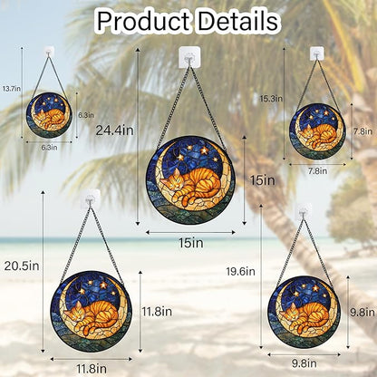 Stained Glass Window Hanging - Orange Moon Sleeping Cat Sun Catcher for Door Home Decor Blue Starry Sky Suncatcher Christmas Mother's Day Birthday Gifts for Women Men Mom Nana 9.8 in