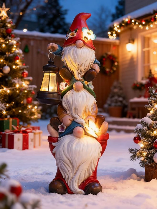 Christmas Garden Gnome Statue with Solar Lights Garden Sculptures Funny Triple Gnome Outdoor Patio Lawn Yard Balcony Home Decor Birthday Gifts for Women Mom Grandma 12 in Thanksgiving Gnome
