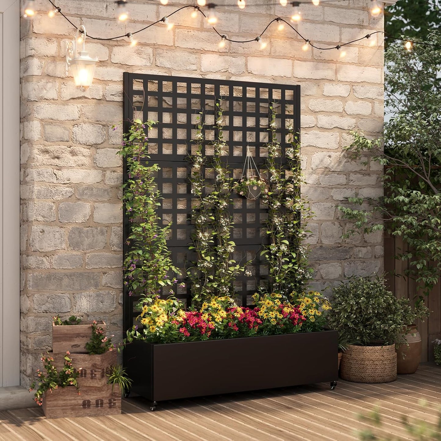 Metal Raised Garden Bed with Trellis & Wheels,72" x 47"x 15.7" Planter Box with Trellis,Privacy Planters for Patio,Garden Bed for Climbing Plants,Suitable for Climbing Plants and Vegetables,Black