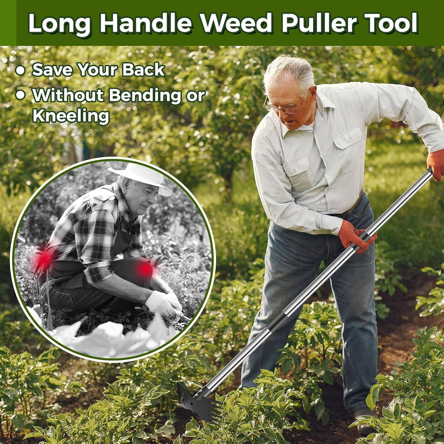 Weed Puller Tool with Long Handle - 44" Heavy Duty Manual Weeder & Garden Hoe, 2 in 1 Uprooting Tool for Yard, Lawn, Flower Bed, and Patio, Durable Weed Remover for Gardening