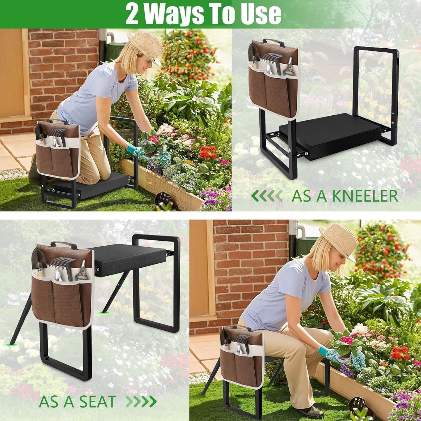 Heavy Duty Garden Kneeler and Seat for Elderly, 400lbs Capacity Foldable Gardening Stool with Support Legs & Thick Pad, Includes Large Tool Organizer Bag, Black
