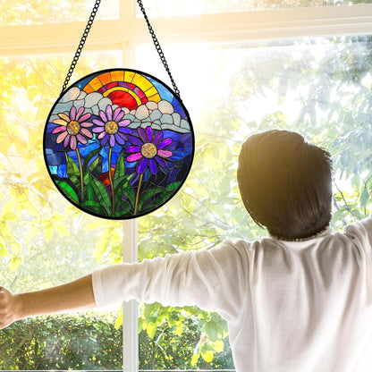 Stained Glass Window Hanging, Butterfly and Sunflowers Sun Catchers Glass Panel Plant Insects Suncatcher Decor for Birthday for Women, Men, Wife, Aunt, and Mom 6.3 in