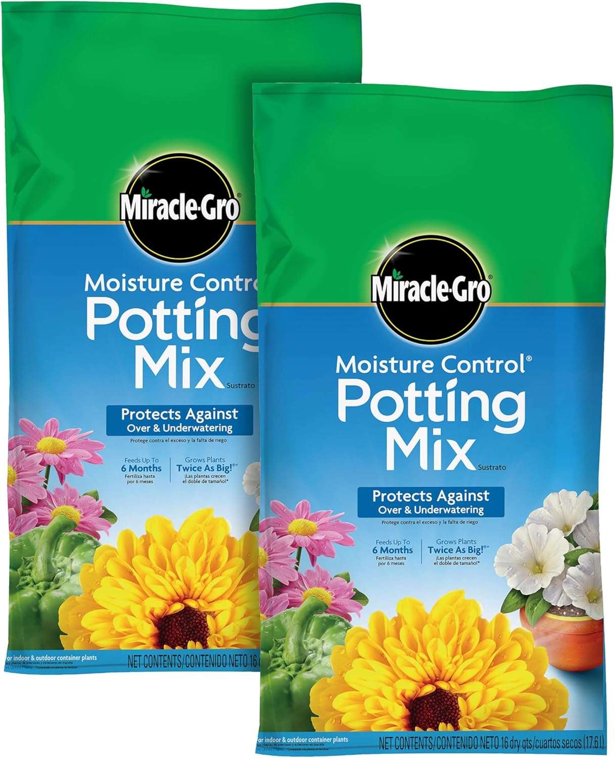 Miracle-Gro Moisture Control Potting Mix, for Container Plants, Protects Against Over- and Under-Watering, 16 qt., 2-Pack