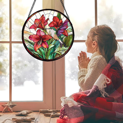 Stained Glass Window Hanging - Hummingbird On Red Lily Flower Sun Catcher for Door Garden Decor Suncatcher Christmas Mother's Day Birthday Gifts for Bird Lovers Women Men Mom Nana 7.8 in