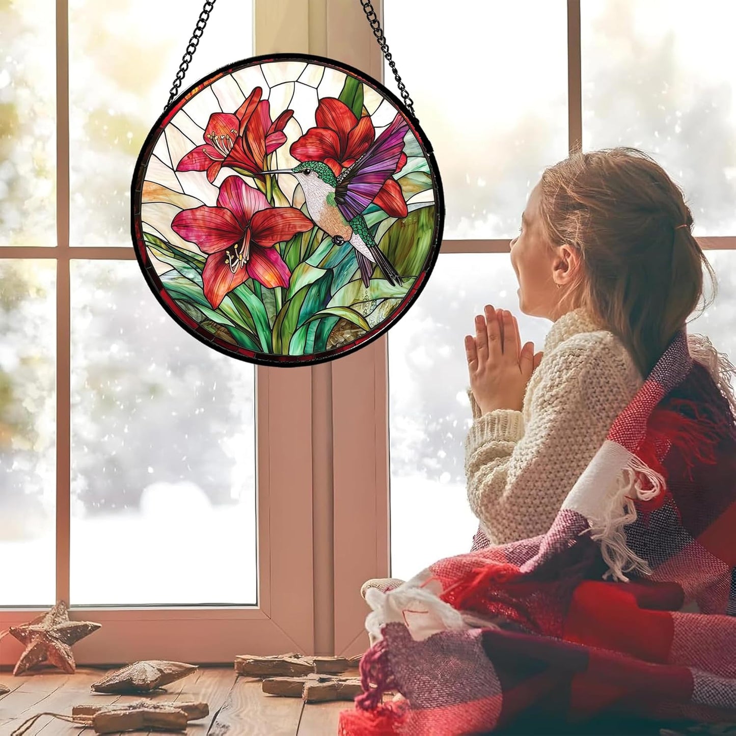 Stained Glass Window Hanging - Hummingbird On Red Lily Flower Sun Catcher for Door Garden Decor Suncatcher Christmas Mother's Day Birthday Gifts for Bird Lovers Women Men Mom Nana 15 in