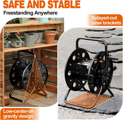 SPECILITE Metal Garden Hose Reel, Portable Outdoor Floor Stable Water Pipe Holder Freestanding, Holds 100-150 Ft of Hose Storage Capacity, UV Resistance, Hose Winder for Outside, Irrigation, Cleaning