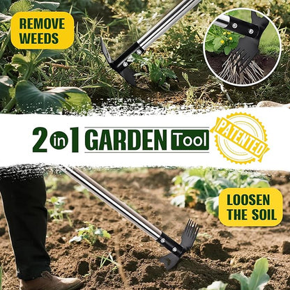 Weed Puller Tool with Long Handle - 58" Manual Weeder Remover Tool, 2 in 1 Hand Weed Rake and Garden Hoe for Gardening, Heavy Duty Uprooting Weeding Pull for Yard, Lawn, Patio and Garden