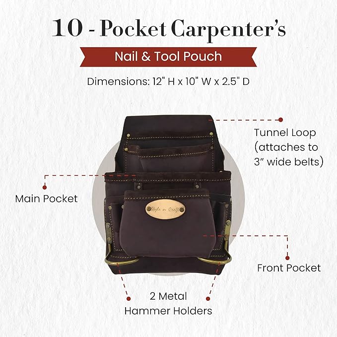 Style n Craft 10-Pocket Carpenter’s Nail & Tool Pouch, Heavy-Duty Leather Tool Pouch, Perfect and Durable Oiled Full-Grain Leather Pouch, Dark Brown (#90923)