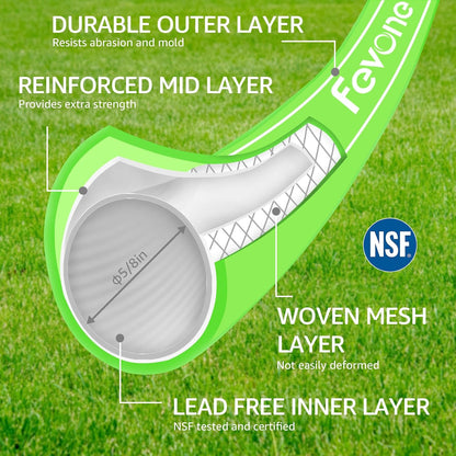Fevone 100 ft x 5/8" Heavy Duty Garden Hose, Drinking Water Safe, Flexible & Kink-Free Hybrid Polymer Water Hose, Lightweight Outdoor Hose with 3/4" Solid Aluminum Fittings