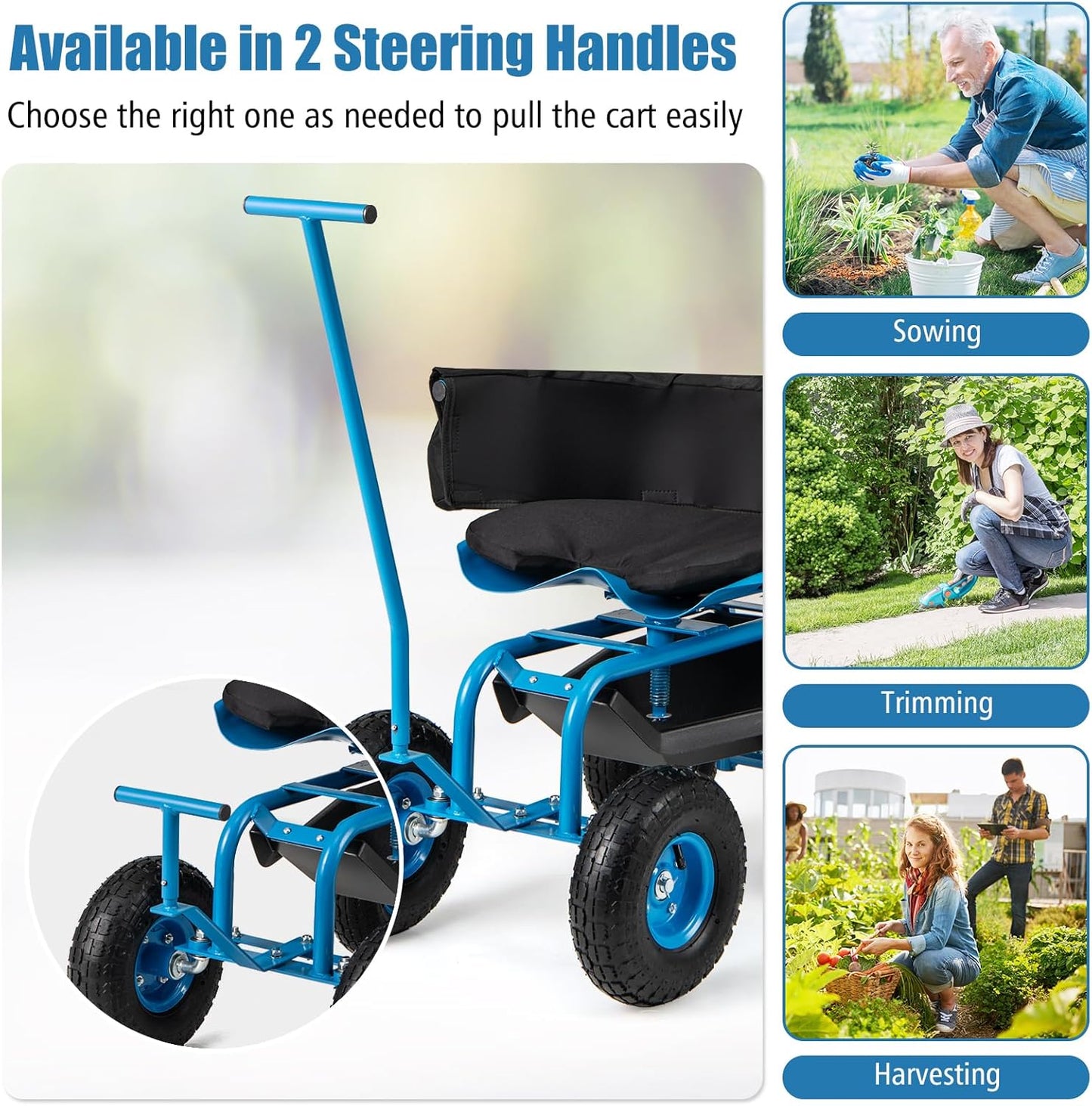 Goplus Rolling Garden Seat with Wheels, Outdoor Garden Cart with 360° Swivel Seat & Tool Storage, 2 Steering Handles, Gardening Stool Wagon Scooter, Lawn, Patio Gardening Workseat for Seniors