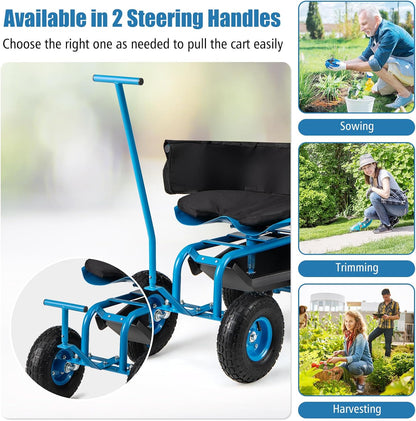 Goplus Rolling Garden Seat with Wheels, Outdoor Garden Cart with 360° Swivel Seat & Tool Storage, 2 Steering Handles, Gardening Stool Wagon Scooter, Lawn, Patio Gardening Workseat for Seniors