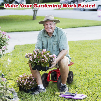 Goplus Garden Cart with Wheels, Utility Stool Cart w/Adjustable 360 Degree Swivel Seat, Outdoor Lawn Yard Rolling Work Seat, Garden Scooter for Planting (Red)