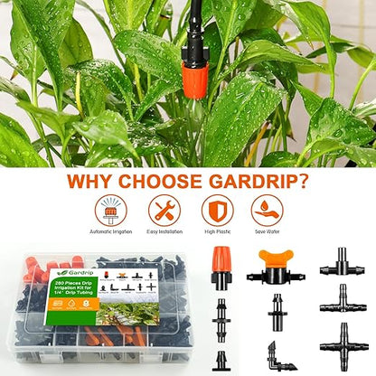 280 Pcs Drip Irrigation Fittings Kit for 1/4" Tubing：Gardrip 1/4 Inch Drip System Barbed Connectors (Nozzles, Nozzle Tees, Valves, Single Barbs, Couplings, Tees, Elbows, Plugs, Crosses)