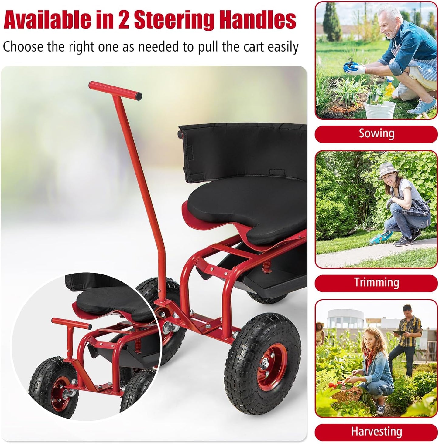 Goplus Rolling Garden Seat with Wheels, Outdoor Garden Cart with 360° Swivel Seat & Tool Storage, 2 Steering Handles, Gardening Stool Wagon Scooter, Lawn, Patio Gardening Workseat for Seniors