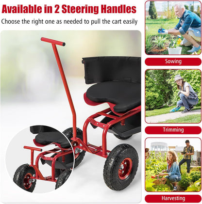 Goplus Rolling Garden Seat with Wheels, Outdoor Garden Cart with 360° Swivel Seat & Tool Storage, 2 Steering Handles, Gardening Stool Wagon Scooter, Lawn, Patio Gardening Workseat for Seniors