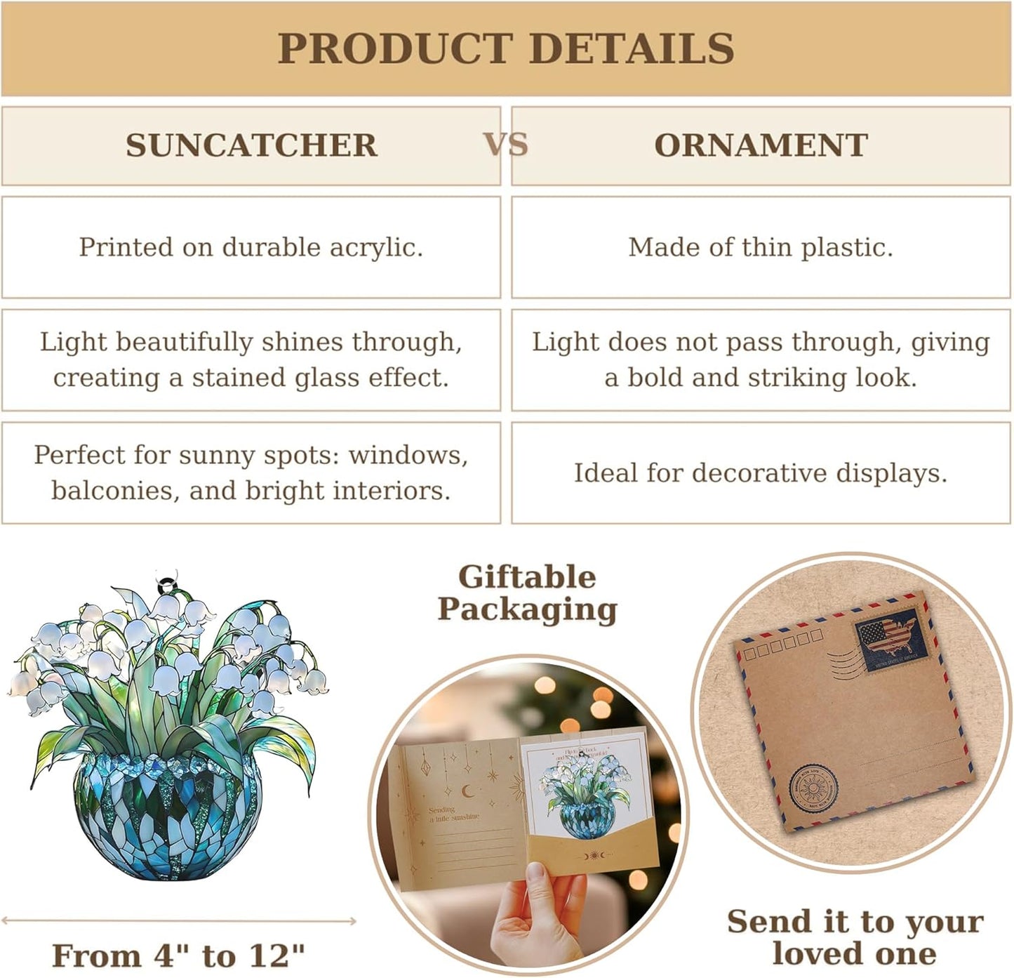 Lily of The Valley May Month Flower Acrylic Suncatcher Stained Glass Effect Window Car Hanging Christmas Ornament Indoor Outdoor Decor Garden Sun Catcher for Flower Lover Gift for Women Mom Grandma