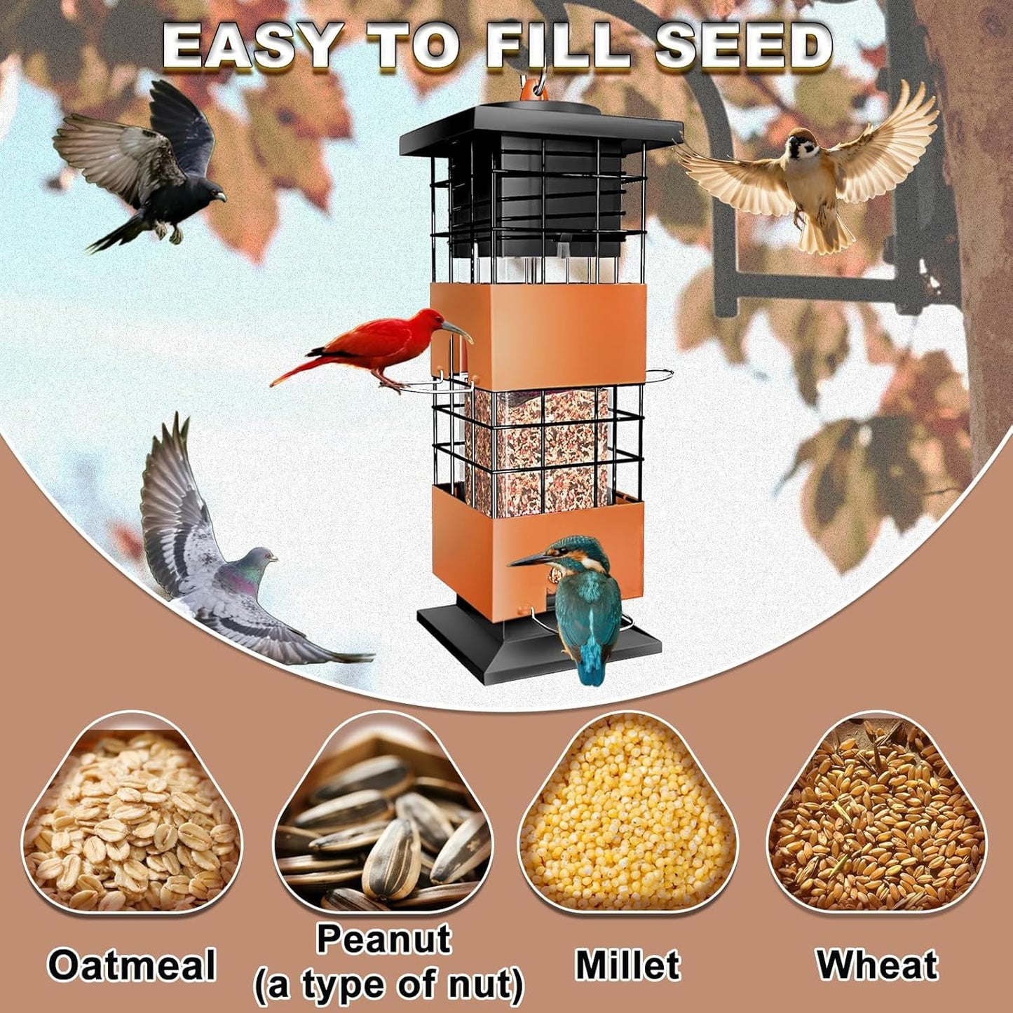 Squirrel Proof Bird Feeders for Outdoors Hanging, Large Capacity 3.5Lbs Bird Feeders with 4 Feeding Ports, Metal Gravity Protection Birds Feeder for Outside, Cardinal, Sparrow, Finch, Brown