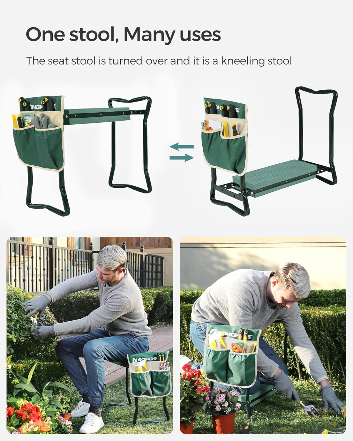 SONGMICS Garden Kneeler and Seat, Multifunctional Garden Kneeling Bench, Gardening Gifts for Women Men, Folding Gardening Stool, with 2 Tool Bags, 8-Inch Wide Kneeling Pad, Dark Green UGGK060L01