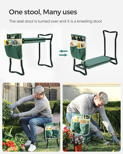 SONGMICS Garden Kneeler and Seat, Multifunctional Garden Kneeling Bench, Gardening Gifts for Women Men, Folding Gardening Stool, with 2 Tool Bags, 8-Inch Wide Kneeling Pad, Dark Green UGGK060L01