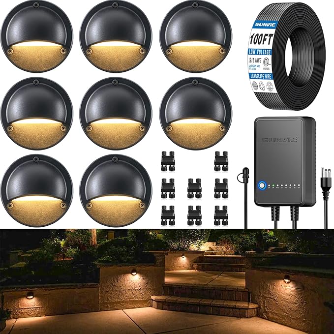 SUNVIE All-in-One Low Voltage Deck Lights Kit, 8 Pack 5W Low Voltage Landscape Lighting with 60W Transformer 100FT Wire and Connectors, 3000K 12-24V AC/DC LED Deck Step Lights for Fence Post Patio