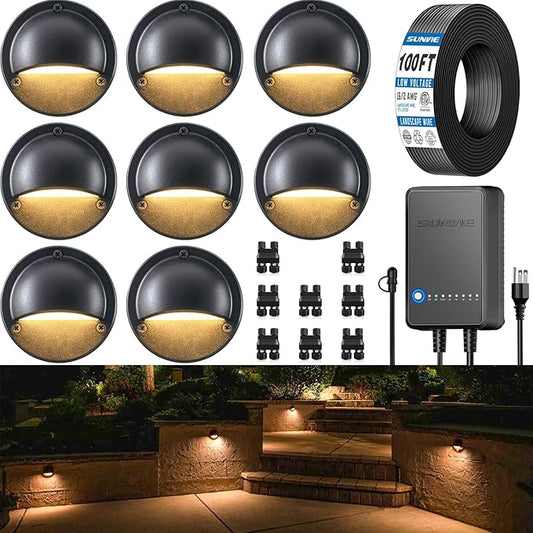 SUNVIE All-in-One Low Voltage Deck Lights Kit, 8 Pack 5W Low Voltage Landscape Lighting with 60W Transformer 100FT Wire and Connectors, 3000K 12-24V AC/DC LED Deck Step Lights for Fence Post Patio