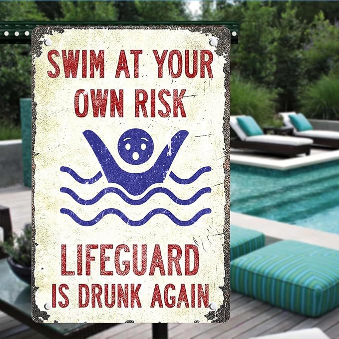 Pool Sign-'Swim at Your Own Risk'-Vintage Metal Funny Metal Signs for Decor Outdoor,Funny Pool Sign for Outside 8x12 Inch